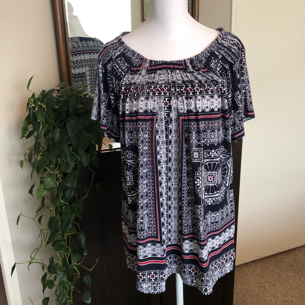 Style & Co. Pleated Geometric Short-Sleeve Top